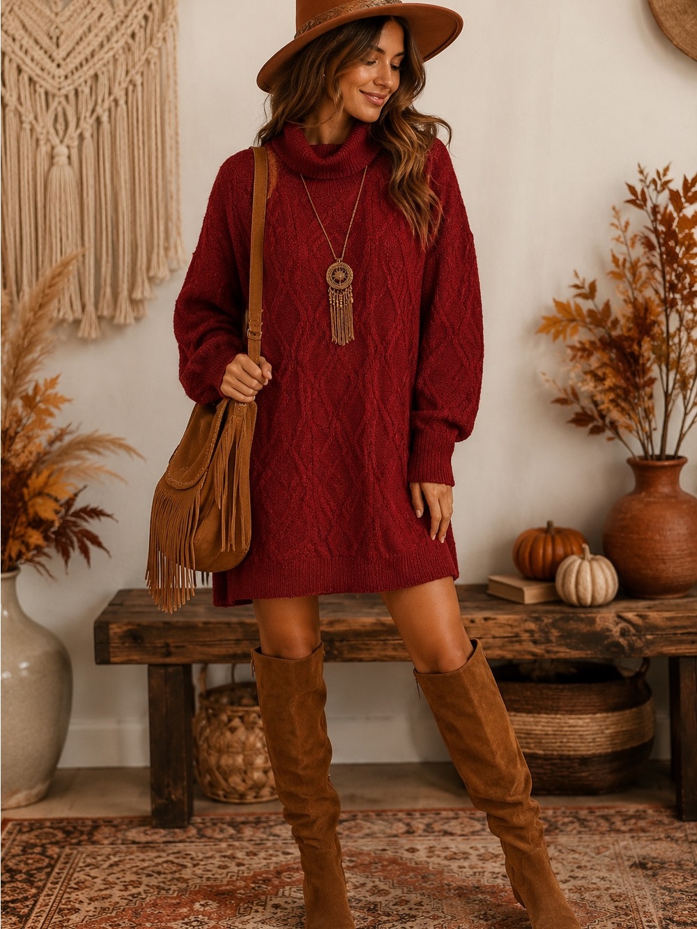 Burgundy Cable Knit Turtleneck Sweater Dress Boho Fall  Oversized Cottagecore